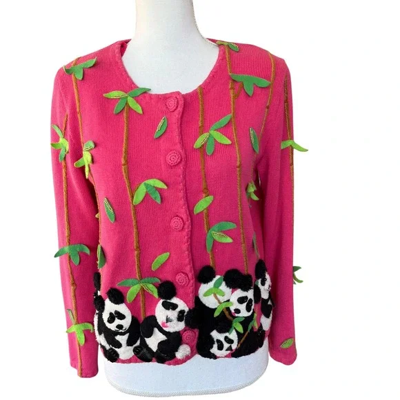 Michael Simon Vintage Panda Bamboo Pink Cardigan Sweater Womens Small Novelty 3D - Picture 2 of 10